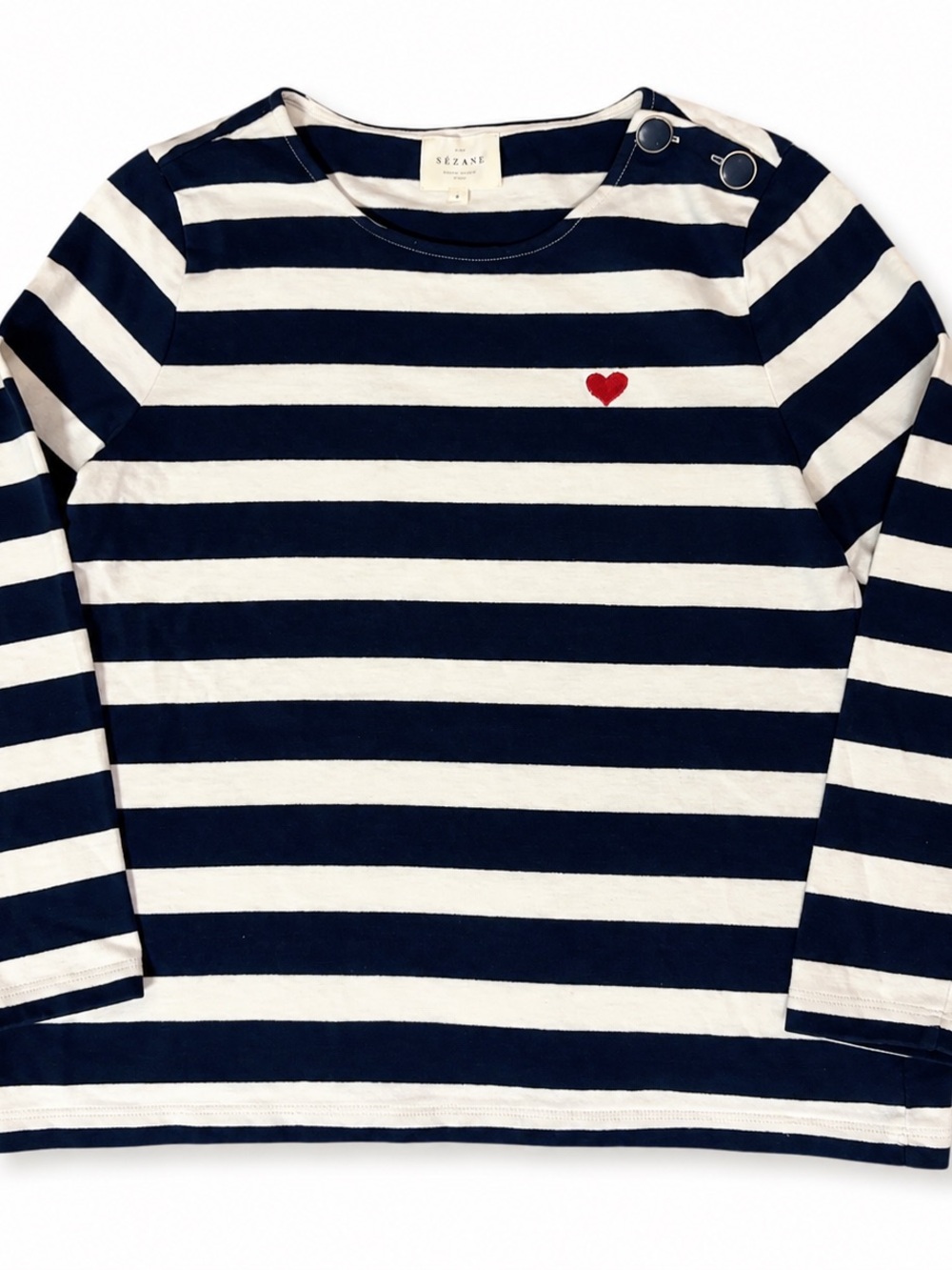 Sezane Navy and White Striped Long-Sleeve Top with Red Heart